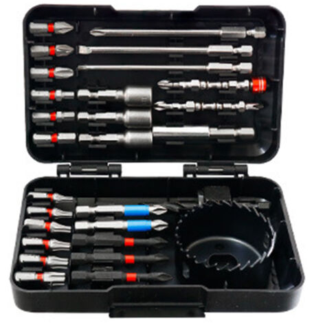 Coffret de 27 embouts de perçage et de vissage à percussion pour bois, métal et ciment, avec étui de rangement.