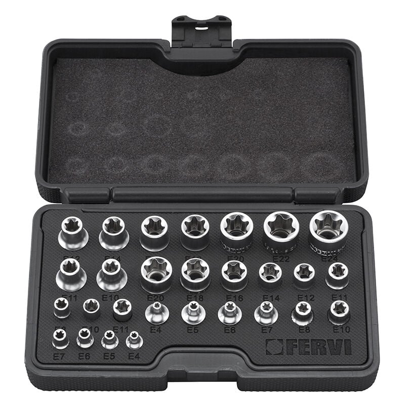 Fervi - coffret de 28 clés douille intérieur torx 1/4' 3/8' 1/2' 0195