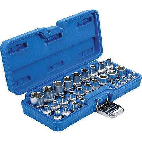 Coffret de 28 douilles courtes carre 1/4 3/8 et 1/2 profil torx e bgs de e4 à e2