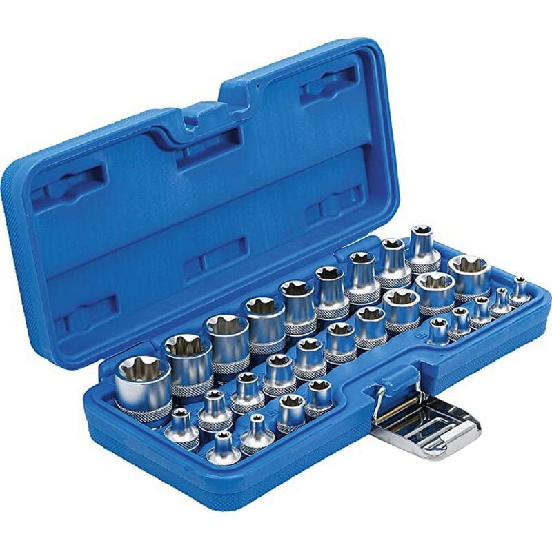 Coffret de 28 douilles courtes carre 1/4 3/8 et 1/2 profil torx e bgs de e4 à e2