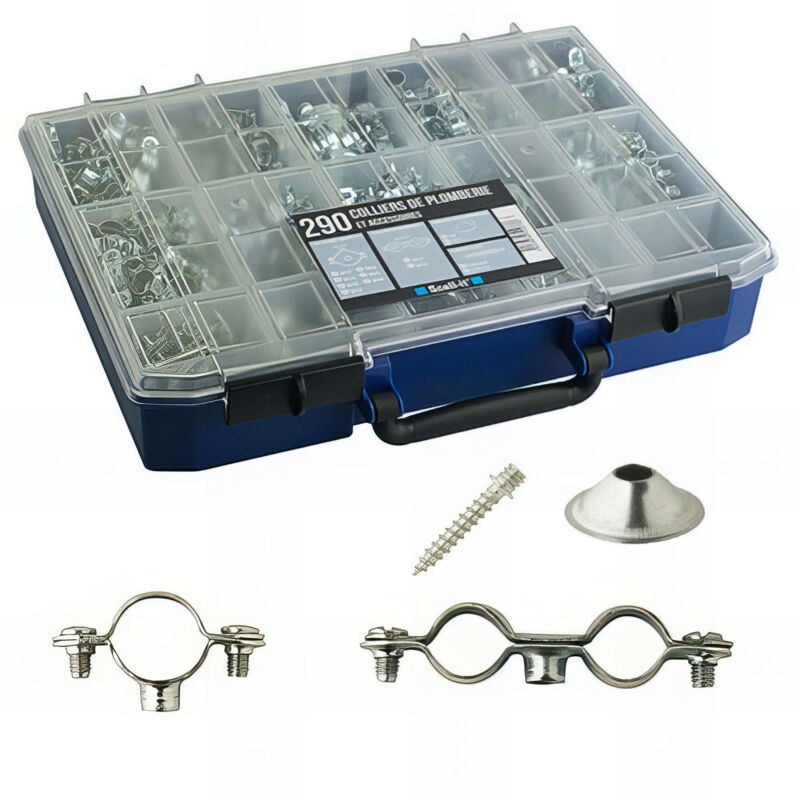 Coffret de 290 colliers sanitaires simples et doubles en acier zingué blanc, rosaces et pattes à vis - cof-sancs Scell-it
