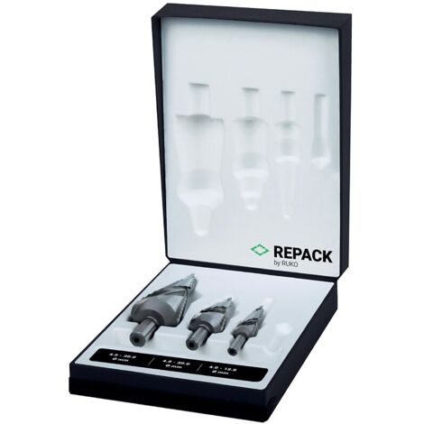 Coffret de 3 forets coniques étagés HSS 101 diamètre 4 à 12 - 4 à 20 - 4 à 30 mm coffret repack - RUKO GMBH