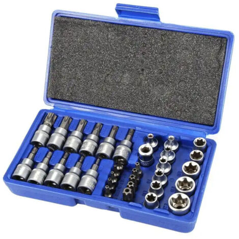 Coffret de 34 douilles et embouts torx – Acier chrome vanadium – 12 douilles hexagonales 3/8' – 10 embouts torx acier trempé 5/16'