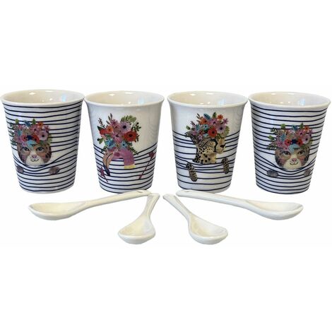 Coffret de 4 Gobelets Expresso en céramique Blanche rayée