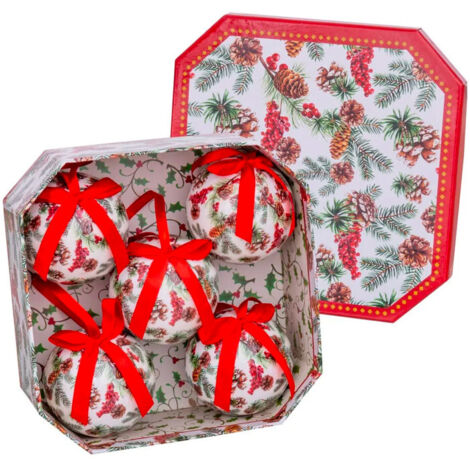 Coffret de 5 boules de Noël rétro houx - 7.5cm