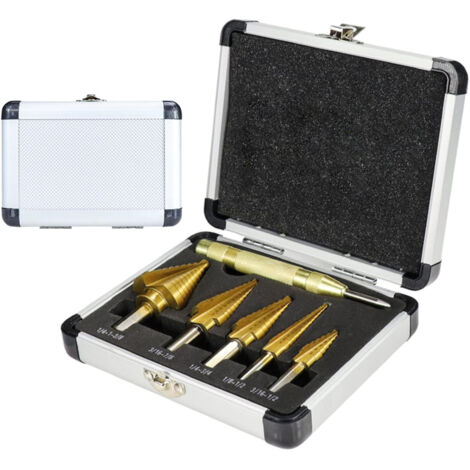 Coffret de 5 forets étagés en titane HSS + 1 pièce, 50 tailles différentes, pour le travail du métal, avec coffret en aluminium.