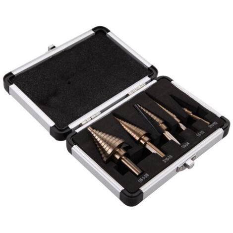 Coffret de 5 forets étagés multi-trous en acier rapide, 50 tailles au total, avec boîte en aluminium