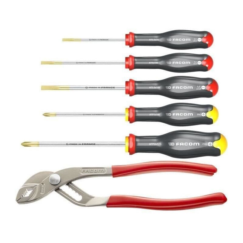 Coffret de 5 Tournevis Facom AT5.170PB (Livré avec 3 Tvis a Fente + 2 Tvis Prozidriv + Pince multiprise capacité 46mm)