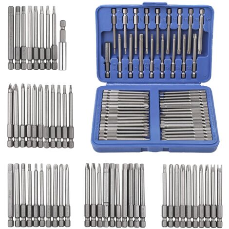 Coffret de 50 embouts longs magnétiques, Torx, Hex, plats et cruciformes, avec boîtier