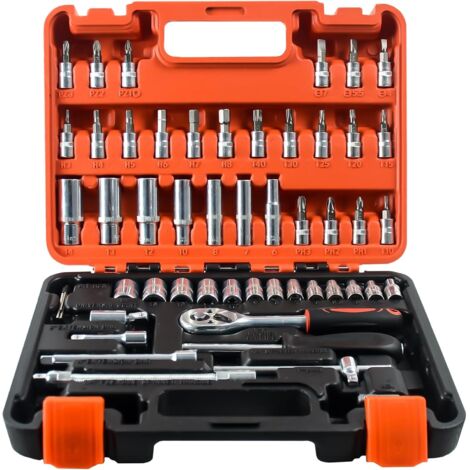 Coffret de 53 clés à douille avec cliquet 1/4 pouce et boîte de rangement en plastique pour la réparation automobile et l'usage domestique