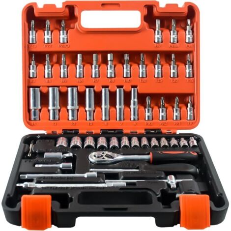 Coffret de 53 clés à douille avec cliquet 1/4 pouce et boîte de rangement en plastique pour la réparation automobile et l'usage domestique