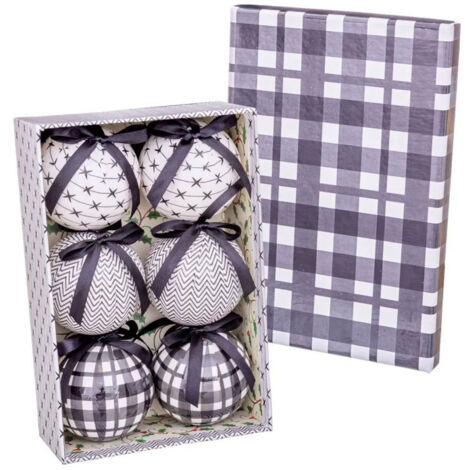 Coffret de 6 boules de Noël design noir et blanc - 7.5cm
