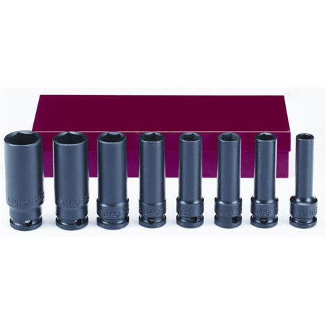 Coffret de 8 douilles à choc longues 3/8 – Acier chrome-molybdène – Longueur 62mm – Dimensions 8 à 19mm – Compatible clés à choc – Force