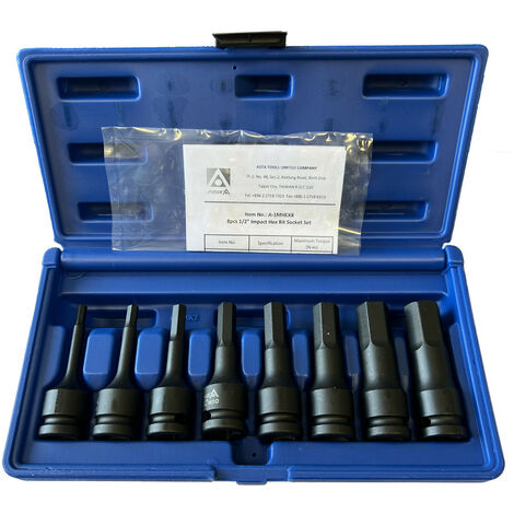 Coffret de 8 douilles mâles 6 pans – Longueur 75mm – Pour clés à chocs – Dimensions H5 à H19 – Coffret de rangement inclus – Asta