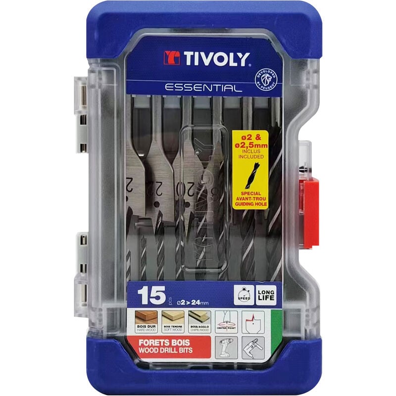 Coffret 15 pièces -9 forets bois 3 pointes ø 2 à 10mm + 6 méches bois plates ø 14 à 24mm - Tivoly