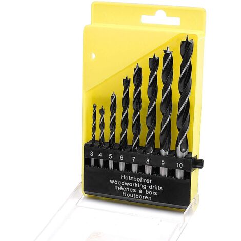Coffret de 8 forets hélicoïdaux pour bois, acier rapide, queue droite, noir, multi-diamètres 3-10mm pour menuiserie