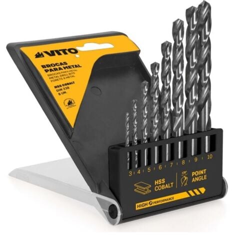 VITO PRO-POWER Coffret de 8 Forets HSS COBALT Diam 3,4,5,6,7,8,9,10 mm 135º- DIN 338 Métaux durs VITO