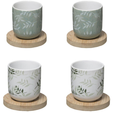 Coffret de 8 piÃƒÂ¨ces : 4 Tasses ÃƒÂ  cafÃƒÂ© en FaÃƒÂ¯ence avec Sous-tasses en Bambou - Design Ãƒâ€°quilibre Vert et Blanc, CapacitÃƒÂ© 13 cl - Livraison Gratuite