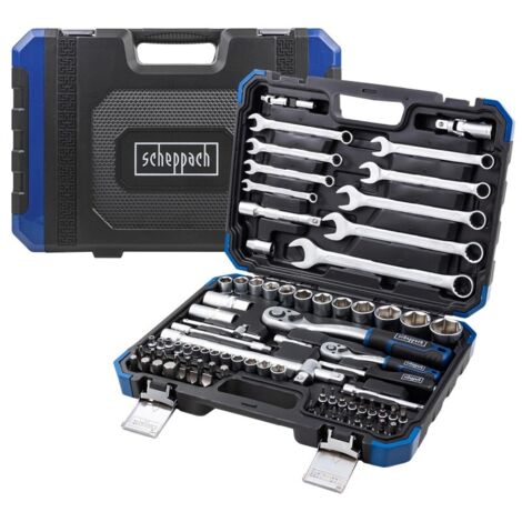 Coffret de 82 pièces comprenant clés, douilles et embouts 1/2'', 1/4'', 4-32 mm, 6 pans.