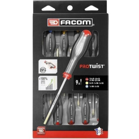 Coffret de 9 Tournevis Protwist FACOM - AT.9PB - Fente/Phillips/Prozidriv - Standard - Gris