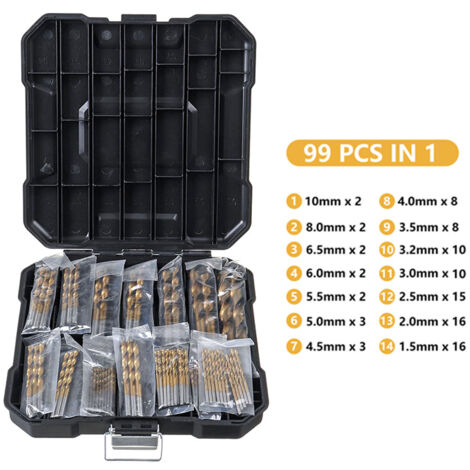 Coffret de 99 forets hélicoïdaux à queue droite en acier rapide avec revêtement titane, accessoires de perçage et de poinçonnage inclus.