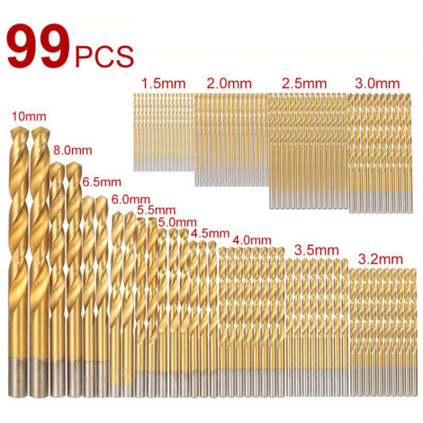 Coffret de 99 forets hélicoïdaux en acier rapide, revêtus de titane, queue droite, multi-diamètres 1,5-10mm pour bois et métal