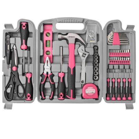 Coffret de bricolage rose de 54 pièces pour femme, bureau et garage. Kit complet d'outils de base pour la maison