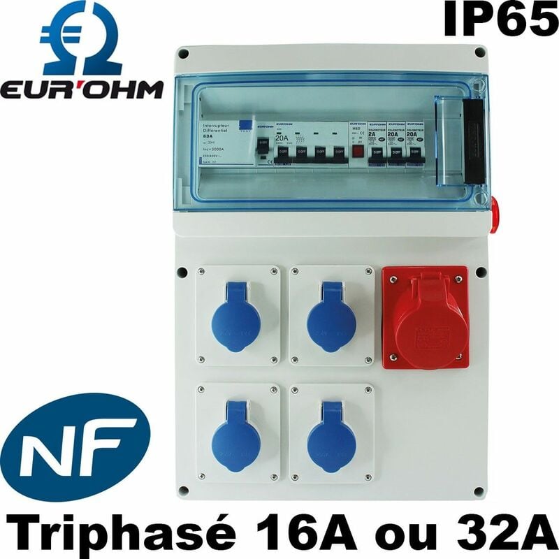Coffret de chantier triphasé 16A ou 32A étanche IP65 - Type de prises - IP65 - 4x Mono 16A - 1x 3P+N+T 16A - Voyant et Arrêt Urgence