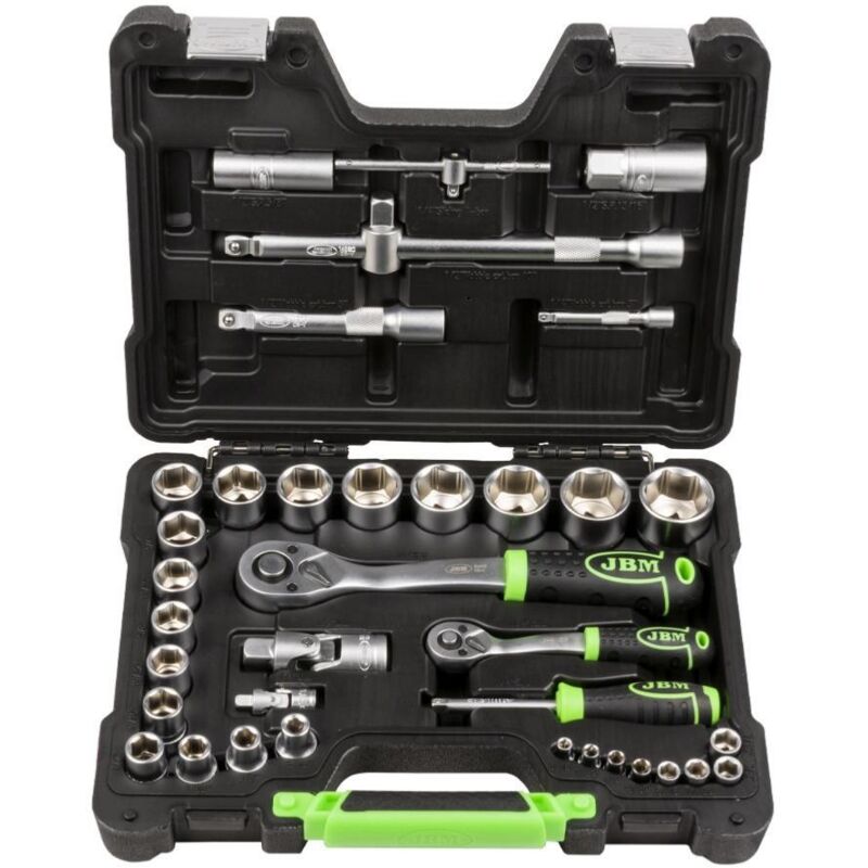 Coffret douilles en pouces (imperiales, us) avec cliquets & accessoires 1/4' et 1/2' - 37 pcs