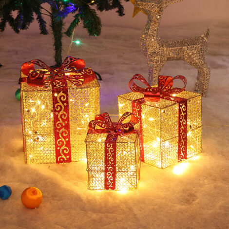 Coffret de colis lumineux de noël à paillettes, boîtes de décoration lumineuses à LED, dorées, alimentées par batterie, 3 pièces