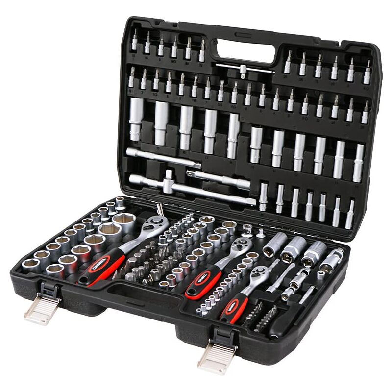 Coffret de Douille et Embouts Mallette à Outils TEENO,Cliquet 1/2-inch et 1/4-inch,3/8-inch (72 Dents) - 172 pcs - Chrome Vanadium - Mat Satinée