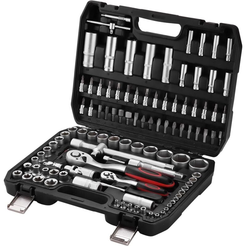 Coffret de douille et embouts Teeno Mallette à Outils ,Cliquet 1/2-inch et 1/4-inch (72 Dents) - 108 pcs - Chrome Vanadium - Mat Satinée - argent