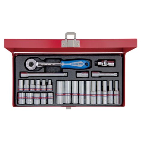 Coffret de douilles 1/4' – 26 pièces – Longues et courtes 6 pans – Cliquet à tête ronde – Cardan universel 38mm – King Tony