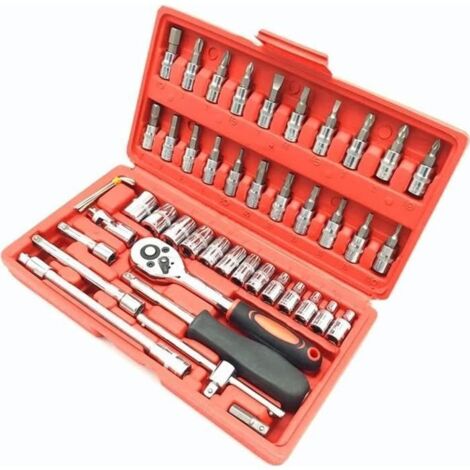 Coffret de Douilles 46 Pièces Jeu de Douille 1-4\" Chrome Vanadium avec Cliquet et Adaptateur Outillage Mecanique Auto Rouge 121