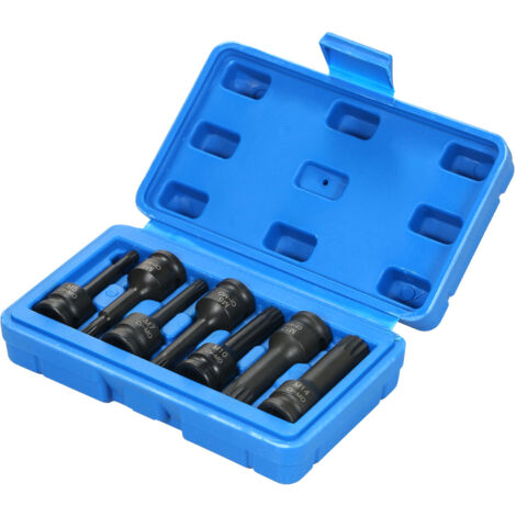 Coffret de douilles à impact 3/8" (7 pièces, tailles métriques : 5 mm, 6 mm, 7 mm, 8 mm, 10 mm, 12 mm et 14 mm) XZN, embouts cannelés triples carrés, en acier Cr-Mo.