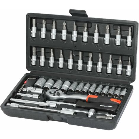 Coffret de douilles Cr-V 46 pièces – Clé à cliquet 1/4' (72 dents) – Accès facile dans espaces restreints – Douilles hexagonales et à embout