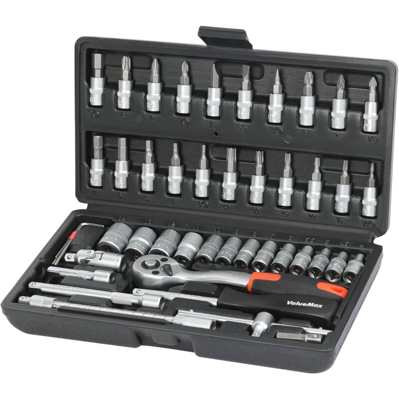 Coffret de Douilles en Cr-v avec Clé à Cliquet 1/4' (72 Dents) de Dégagement Rapide 46 Pièces