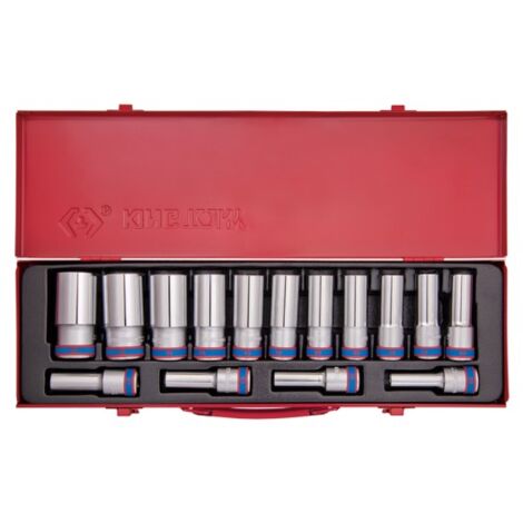Coffret de douilles longues 1/2' – 15 pièces 6 pans métriques – Pour travaux mécaniques – Rangement pratique en métal – King Tony