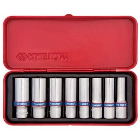 Coffret de douilles longues 3/8' 8 pièces – Douilles 6 pans 10-19 mm – Coffret métallique robuste pour rangement et transport – King Tony