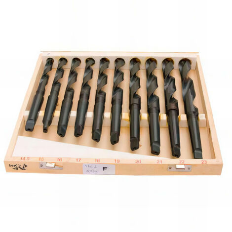 Coffret de forets pour perceuse 10 pièces – MBSBSMK210TLGW – HSS laminés pour métaux – Diamètres 14,5 à 23 mm – Cône morse CM2/MK2 – Holzprofi
