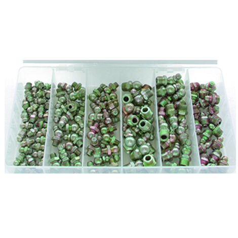 coffret de graisseurs droits et coudés, filetage américain. composé d'un assortiment de 110 pièces.