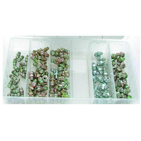 coffret de graisseurs droits et coudés, filetage métrique. composé d'un assortiment de 100 pièces.