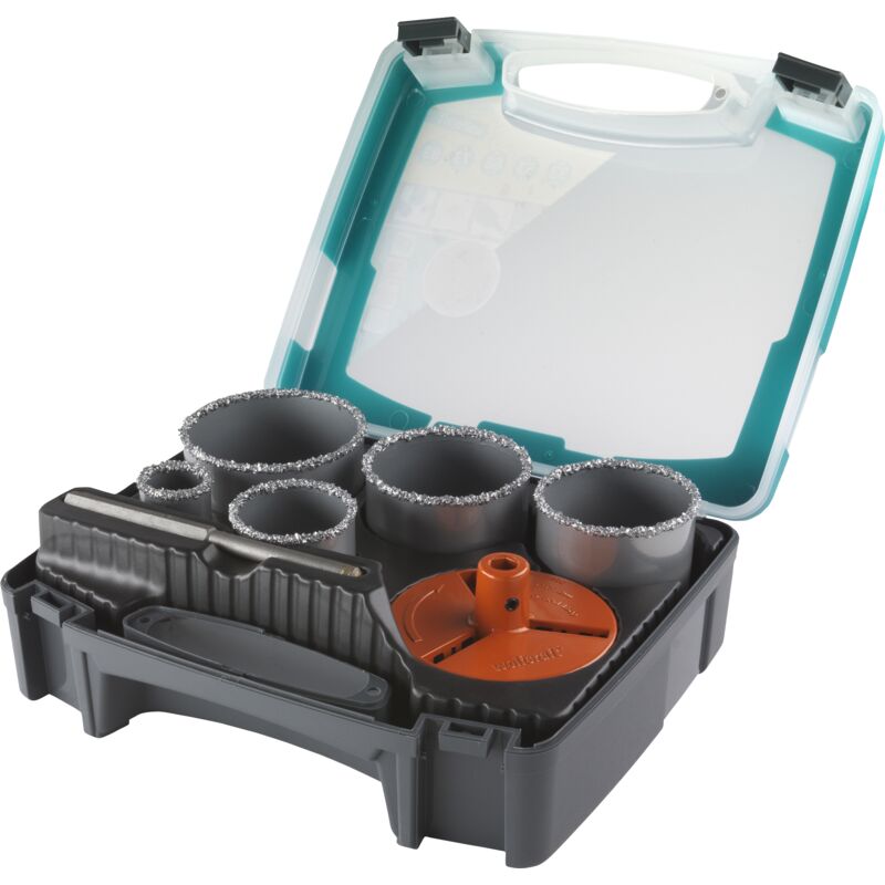 Wolfcraft - Coffret de Trépans Multi-Lames - Diamètre 33, 53, 68, 73, 83 - Profondeur de coupe 55 mm, Foret Centreur - réf. 3464000