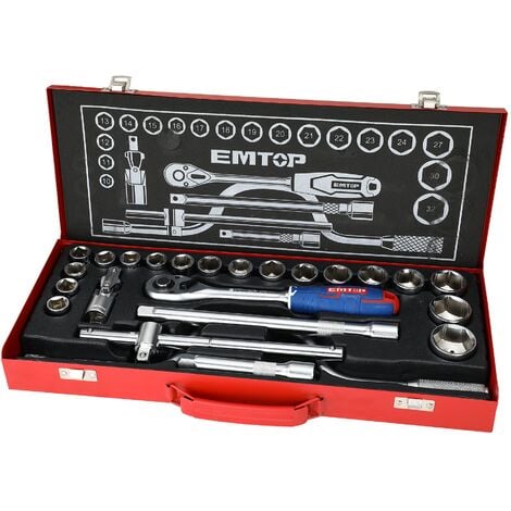 Coffret de mécaniciens jeu de 24 douilles 1/2 emtop acier cr-v de haute qualité micro fini et chromé dans une caisse métallique