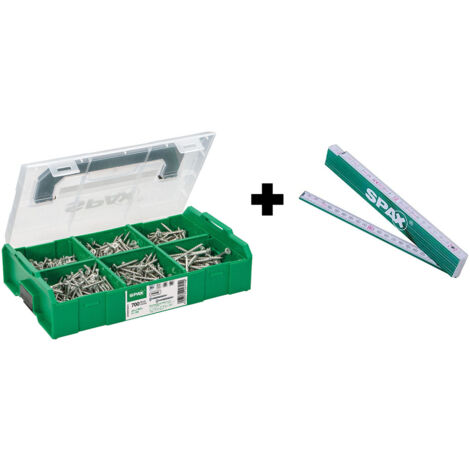 Coffret de montage SPAX, L-BOXX Mini, petit modèle, WIROX A9J, T-STAR plus, tête fraisée, 6 dimensions, 703 pièces, avec 3 embouts T20 SPAX et mètre pliant SPAX