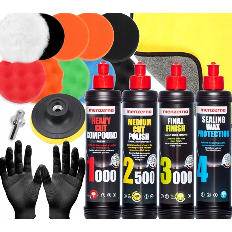 Coffret de polissage professionnel – 9 éponges 80 mm – Pâte à polir Menzerna HCC 1000, MCP 2500, FF 3000 – Protection jusqu'à 3 mois