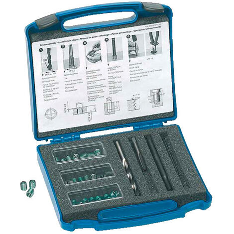 Coffret de réparation M6 pas 1 avec 60 filets longueur 6 à 12mm. 1 foret. 1 taraud manuel. 1 broche de pose. 1 rupteur - BOLLHOFF OTALU SA