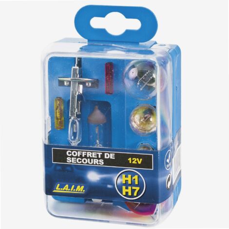 Coffret de secours ampoules H1/H7 12V – 1 ampoule H7 55W, 1 ampoule 21W, 1 ampoule 21,5W – 3 fusibles inclus – Pour éclairage voiture – Laim