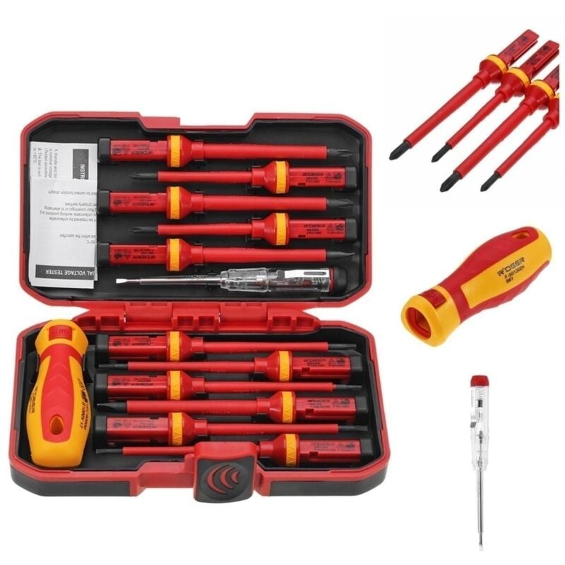 Coffret de tournevis Lot de 13 Tournevis Isolés cr-v Haute Tension 1000V Magnétique Phillips Fente Torx Tournevis Durable Outil manuel, Kit D'outils