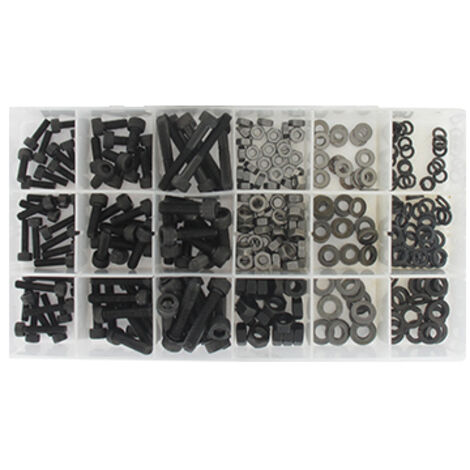 coffret de vis 6 pans creux en pas métrique avec écrous & rondelles contient 360 pièces.
